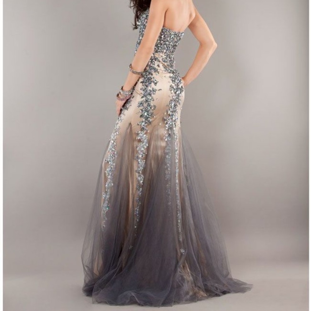 jovani nude & gray strapless jeweled prom dress